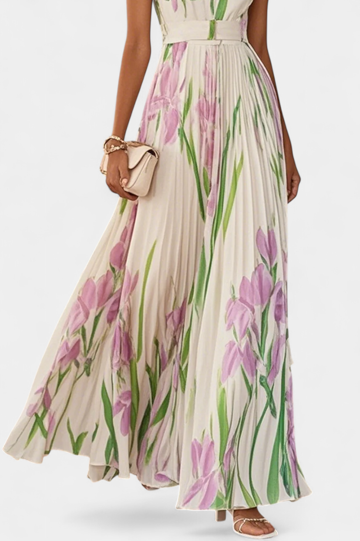 Calanthe Long Pleated Dress with Floral Print and Square Neckline