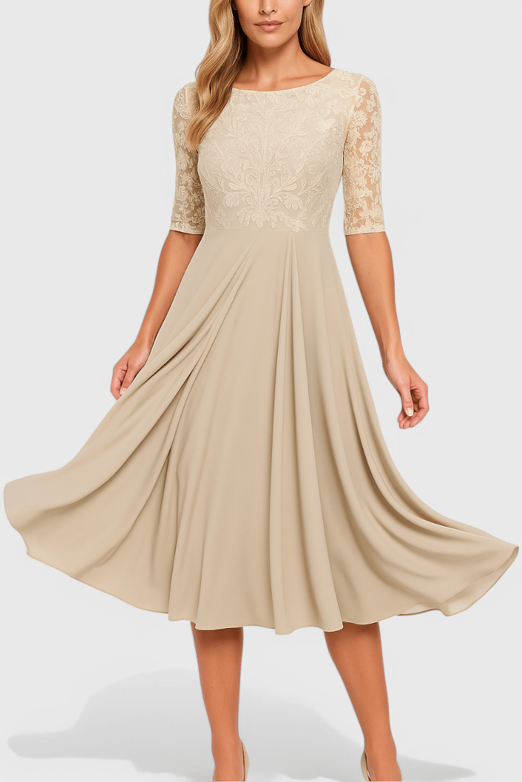 Abby | Embroidered Illusion Neckline Midi Dress
