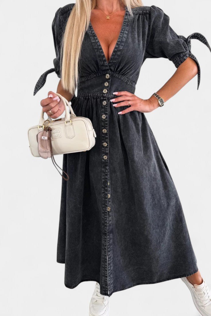 Adelina | V-Neck Button Midi Dress