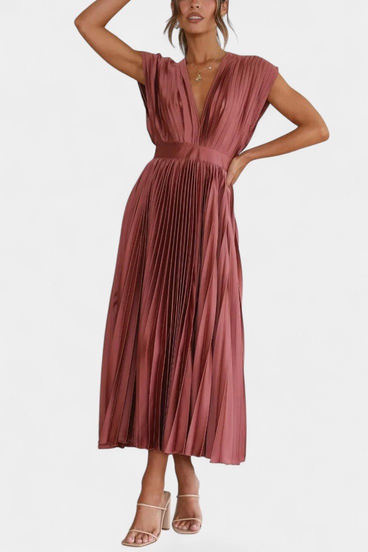 Audrey | Pleated V-Neck Midi Dress
