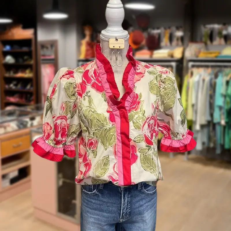 ALITZEL™ - Everyday Sweet Ruffle Stripe Floral Top