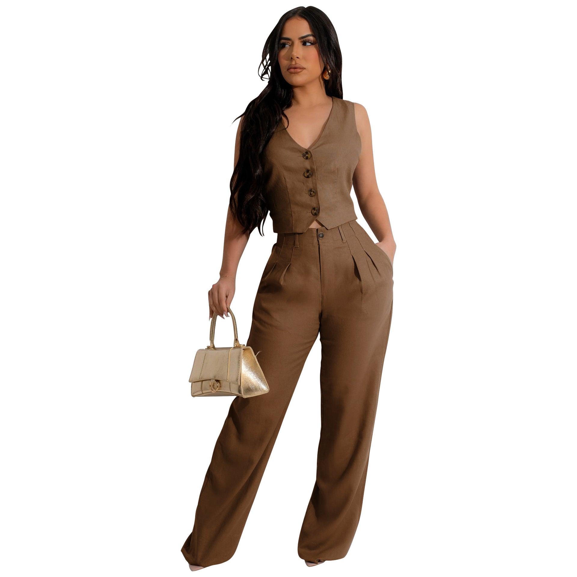 FONORA™ - Elegant V-Neck Crop Tank and High Waist Pants Set