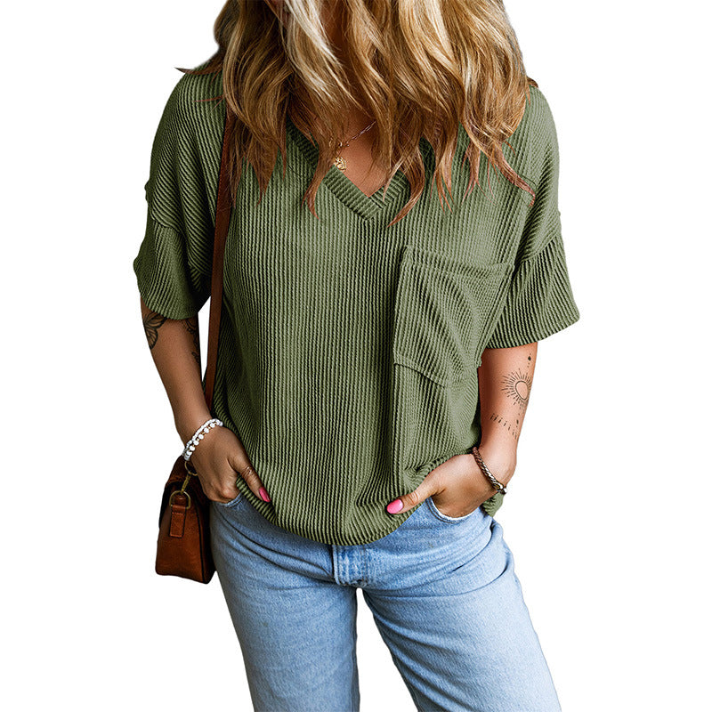 JANELLE™ – Casual Textured Pocket V-Neck Tee