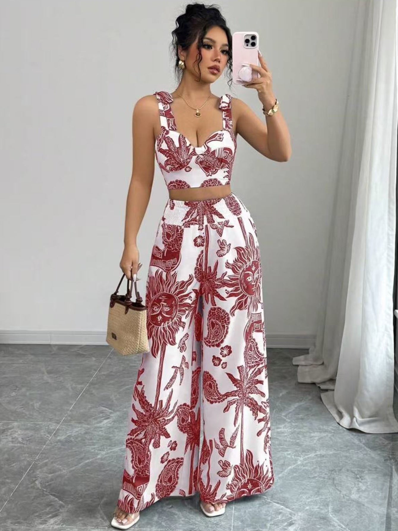 VONY™ – Elegant Boho Printed Crop and Wide Leg Pants Set