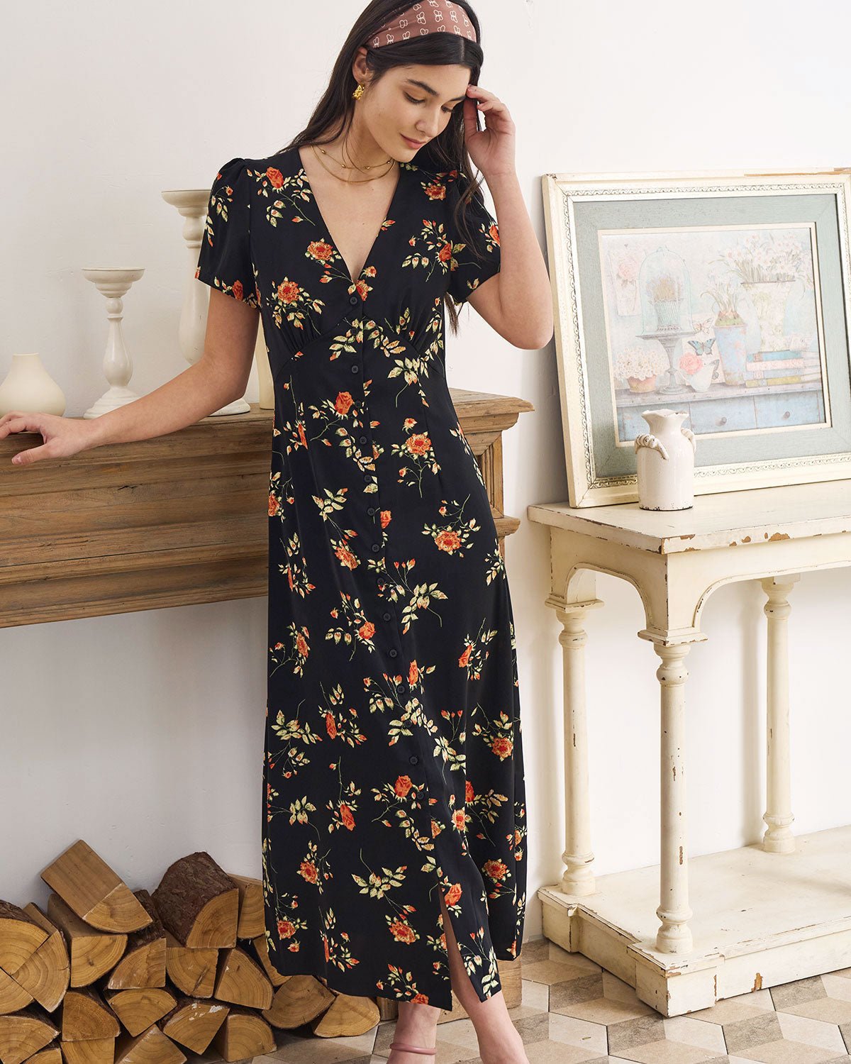 Alexia | V Neck Floral Short Sleeve Maxi Dress
