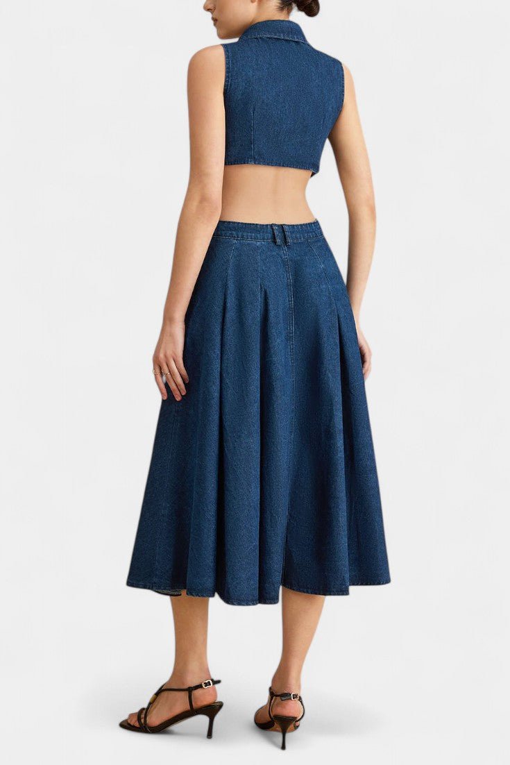Alia | Cut-Out Sleeveless Lapel Denim Dress
