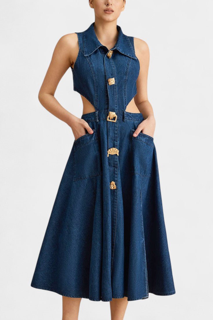 Alia | Cut-Out Sleeveless Lapel Denim Dress