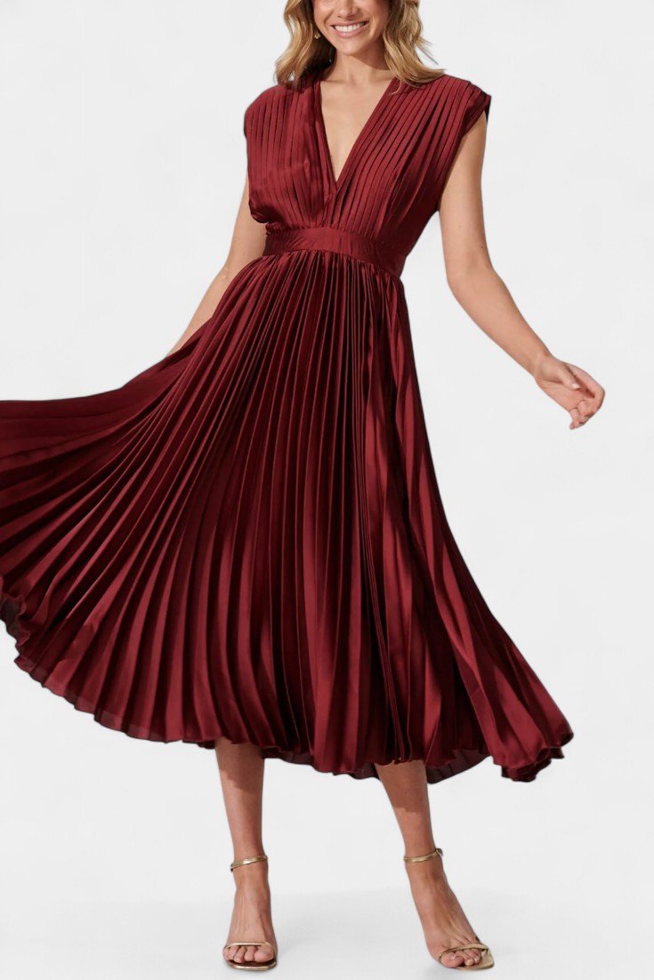 Audrey | Pleated V-Neck Midi Dress