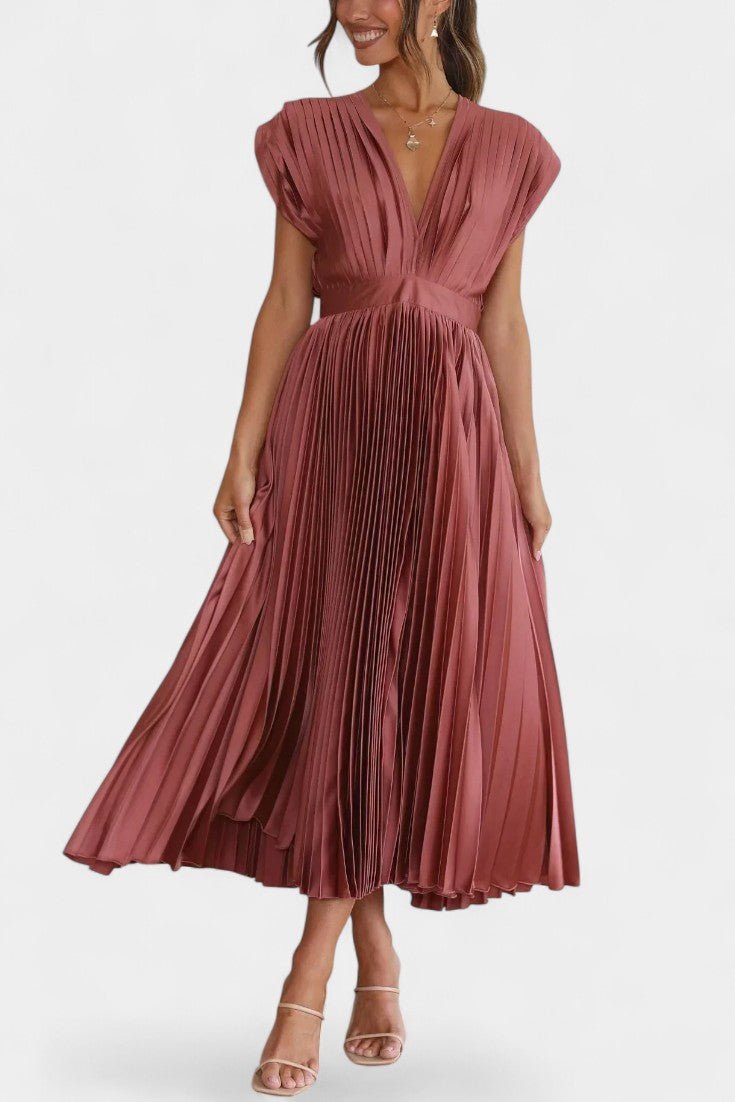 Audrey | Pleated V-Neck Midi Dress